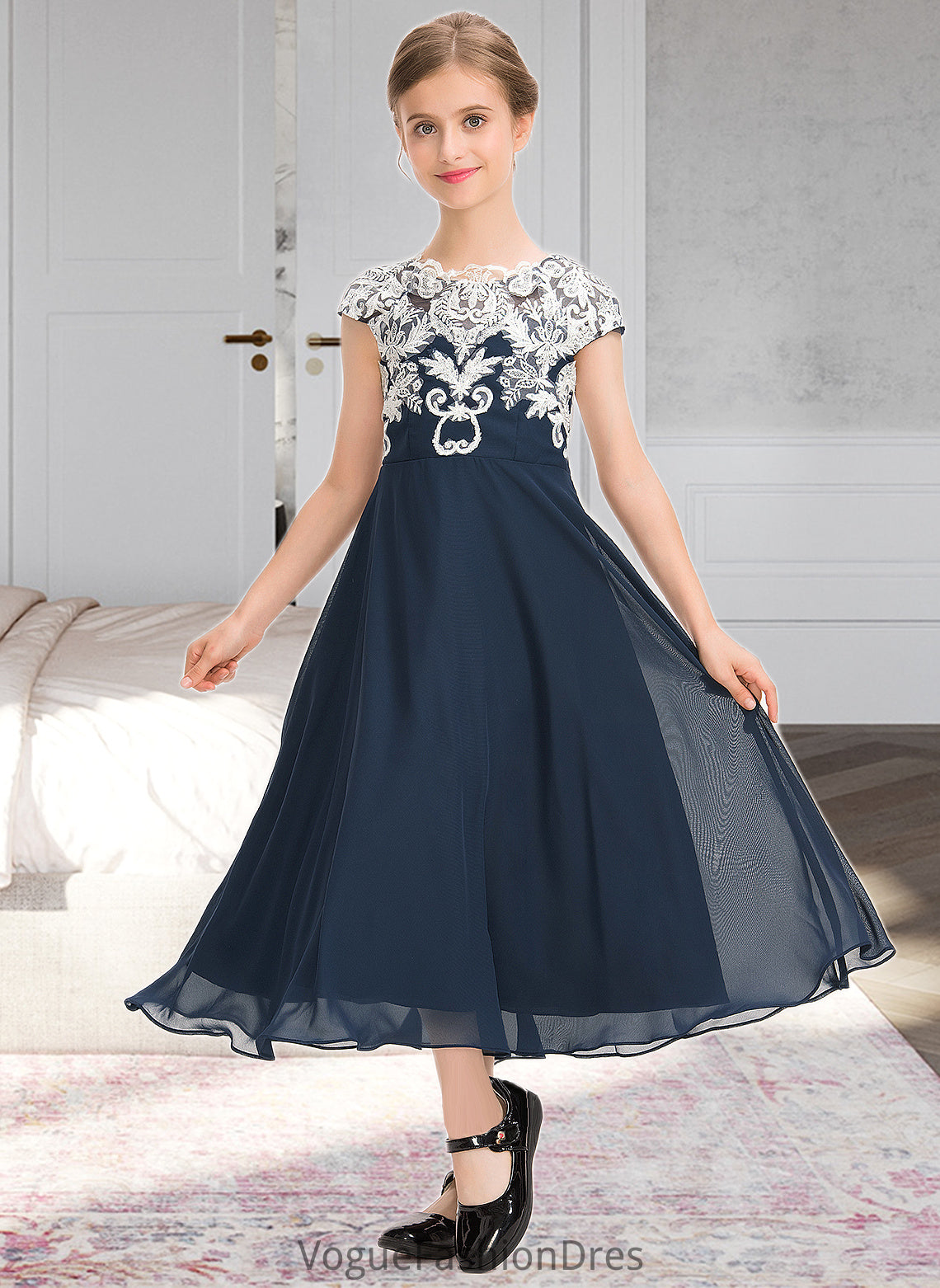 Sarai A-Line Scoop Neck Tea-Length Chiffon Lace Junior Bridesmaid Dress DKP0013643