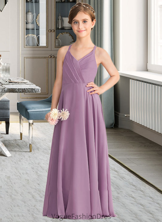 Kaitlynn A-Line V-neck Floor-Length Chiffon Junior Bridesmaid Dress With Cascading Ruffles DKP0013644