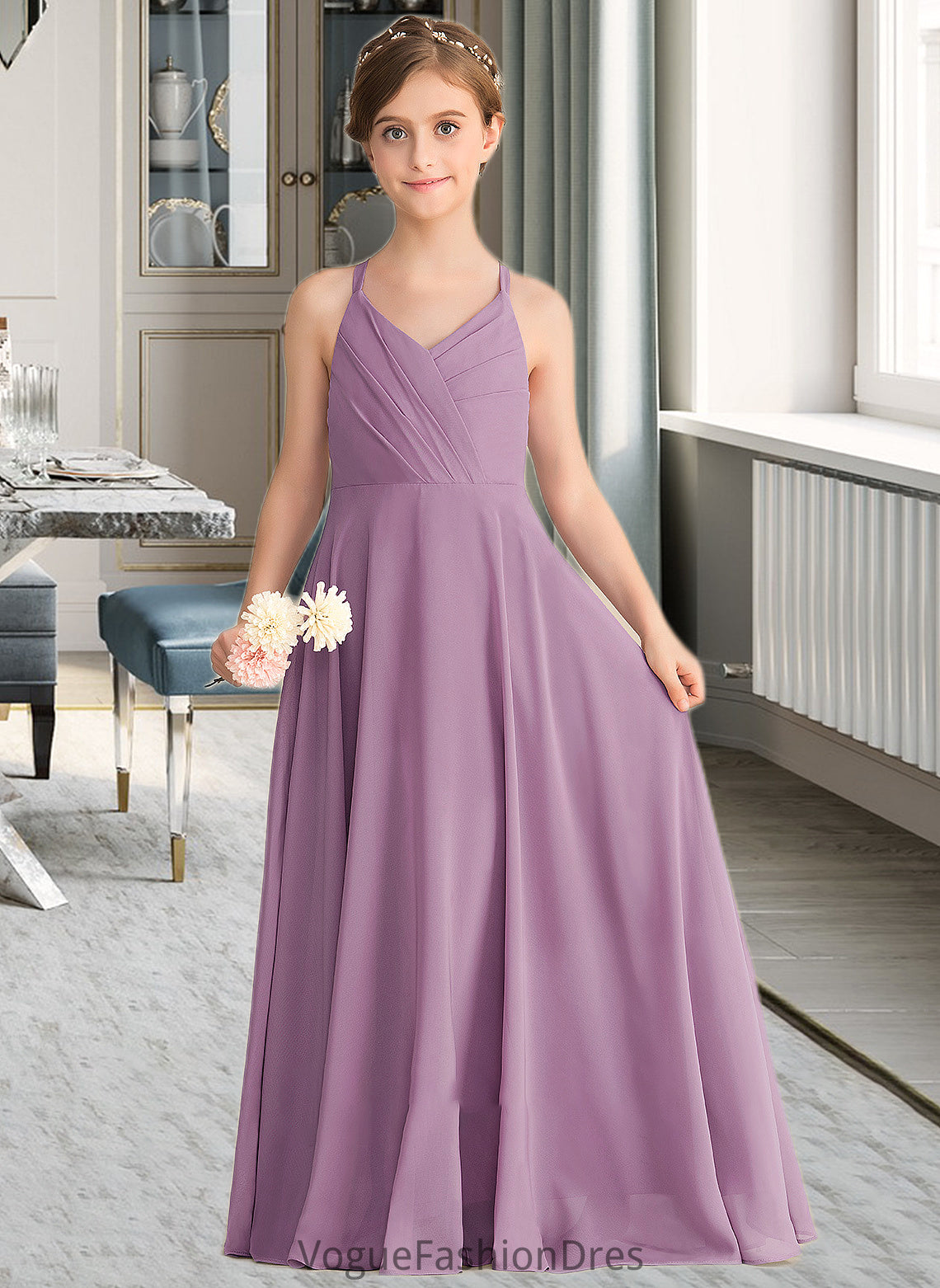 Kaitlynn A-Line V-neck Floor-Length Chiffon Junior Bridesmaid Dress With Cascading Ruffles DKP0013644