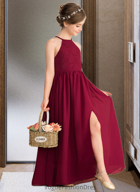 Serenity A-Line Scoop Neck Floor-Length Chiffon Lace Junior Bridesmaid Dress With Split Front DKP0013645