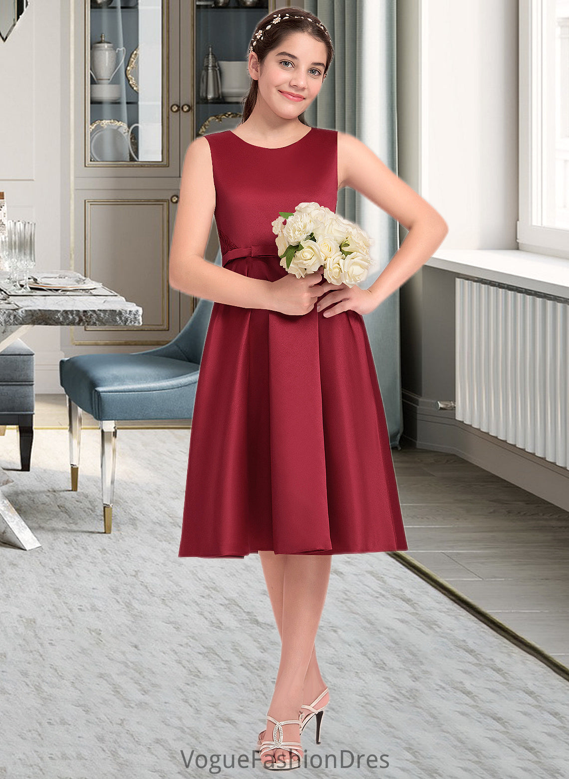 Tricia A-Line Scoop Neck Knee-Length Satin Junior Bridesmaid Dress With Lace Bow(s) DKP0013646