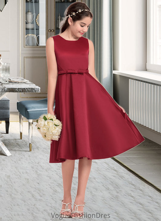 Tricia A-Line Scoop Neck Knee-Length Satin Junior Bridesmaid Dress With Lace Bow(s) DKP0013646