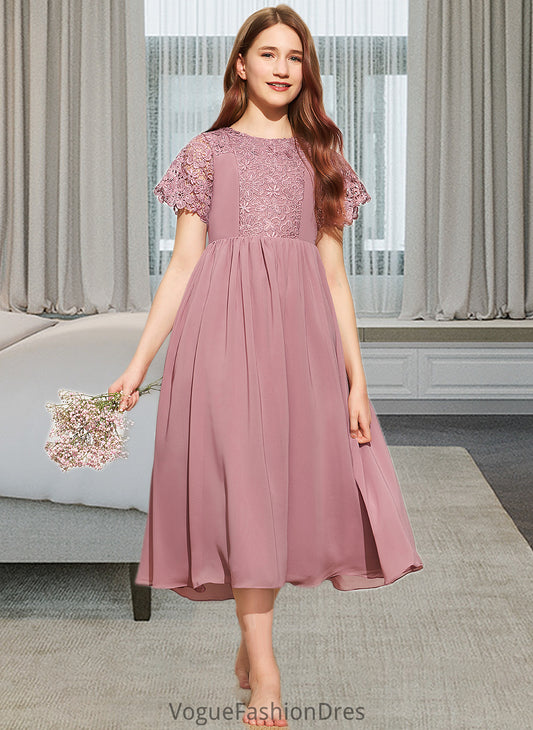 Kaya A-Line Scoop Neck Tea-Length Chiffon Lace Junior Bridesmaid Dress DKP0013648