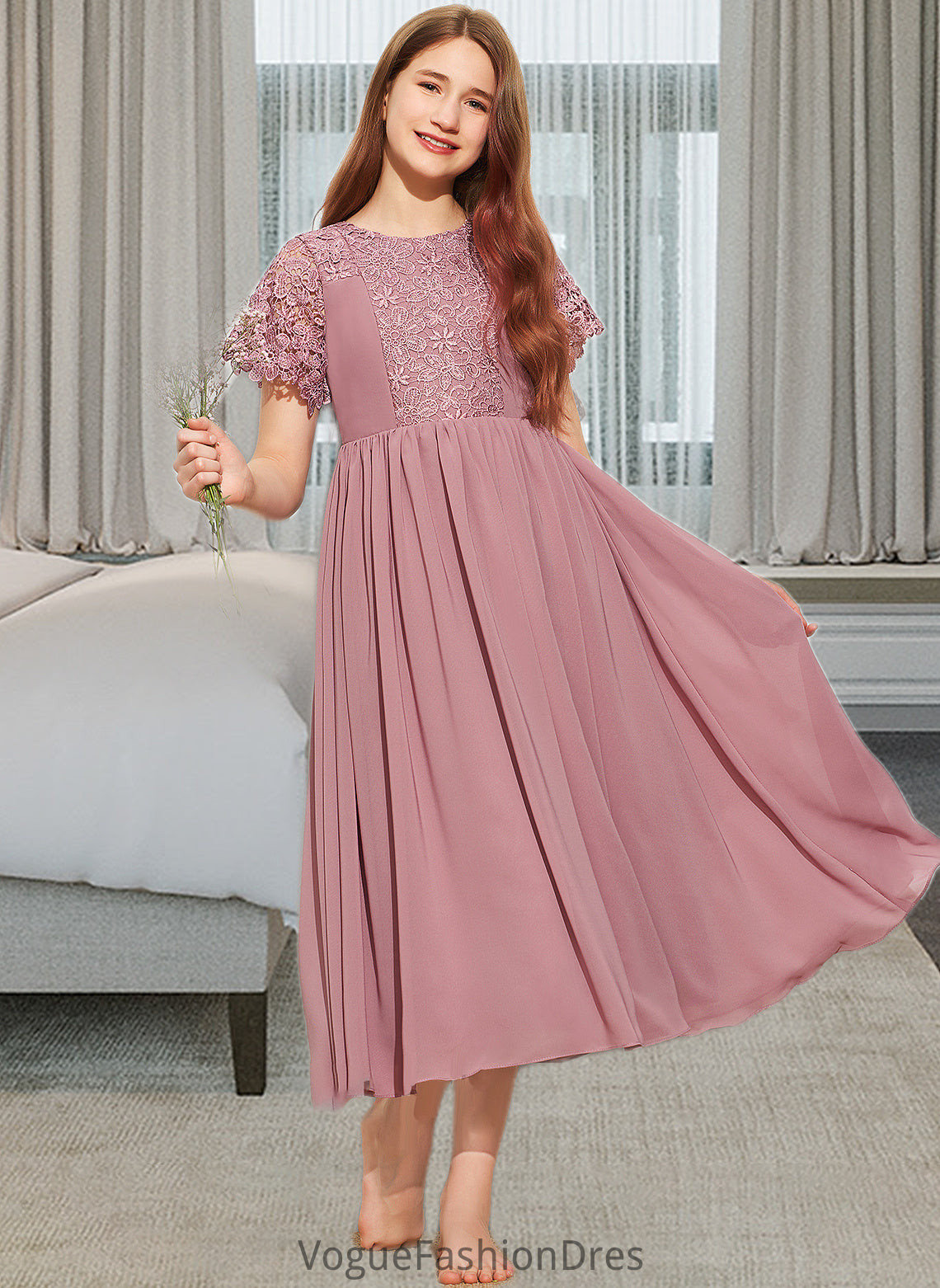 Kaya A-Line Scoop Neck Tea-Length Chiffon Lace Junior Bridesmaid Dress DKP0013648