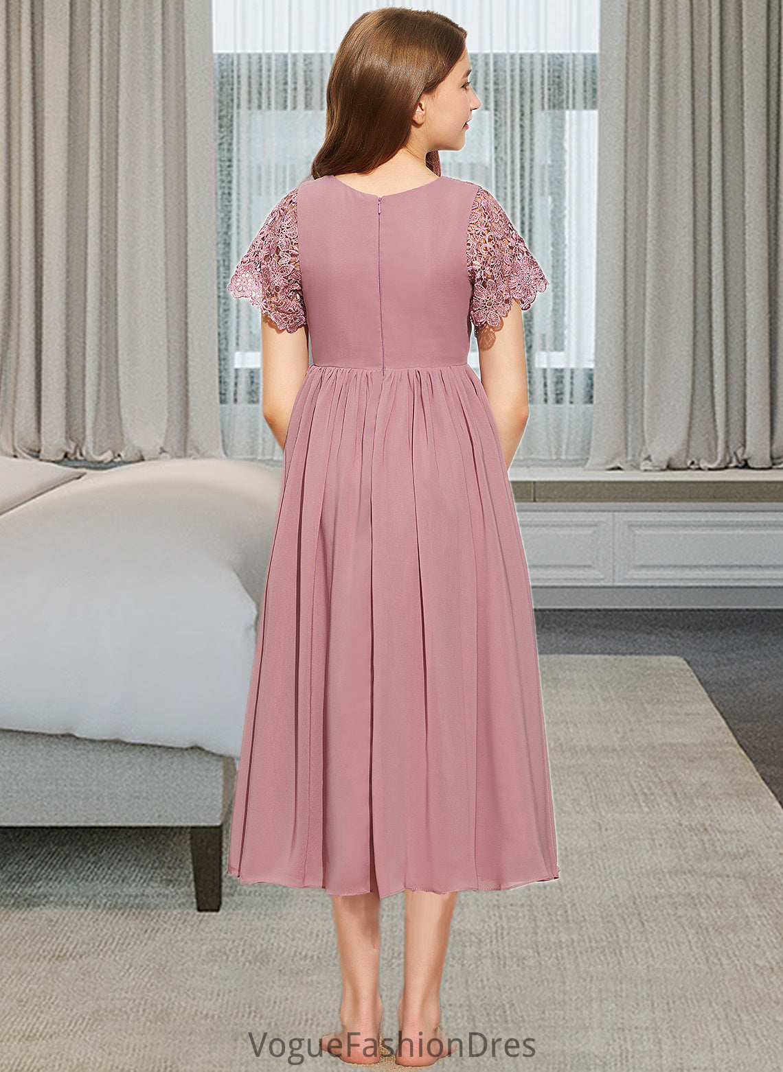 Kaya A-Line Scoop Neck Tea-Length Chiffon Lace Junior Bridesmaid Dress DKP0013648