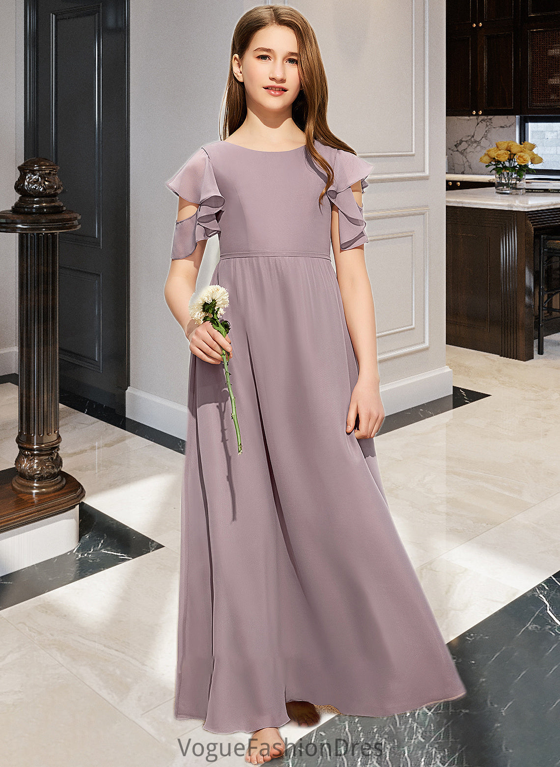 Sherlyn A-Line Scoop Neck Floor-Length Chiffon Junior Bridesmaid Dress With Cascading Ruffles DKP0013649