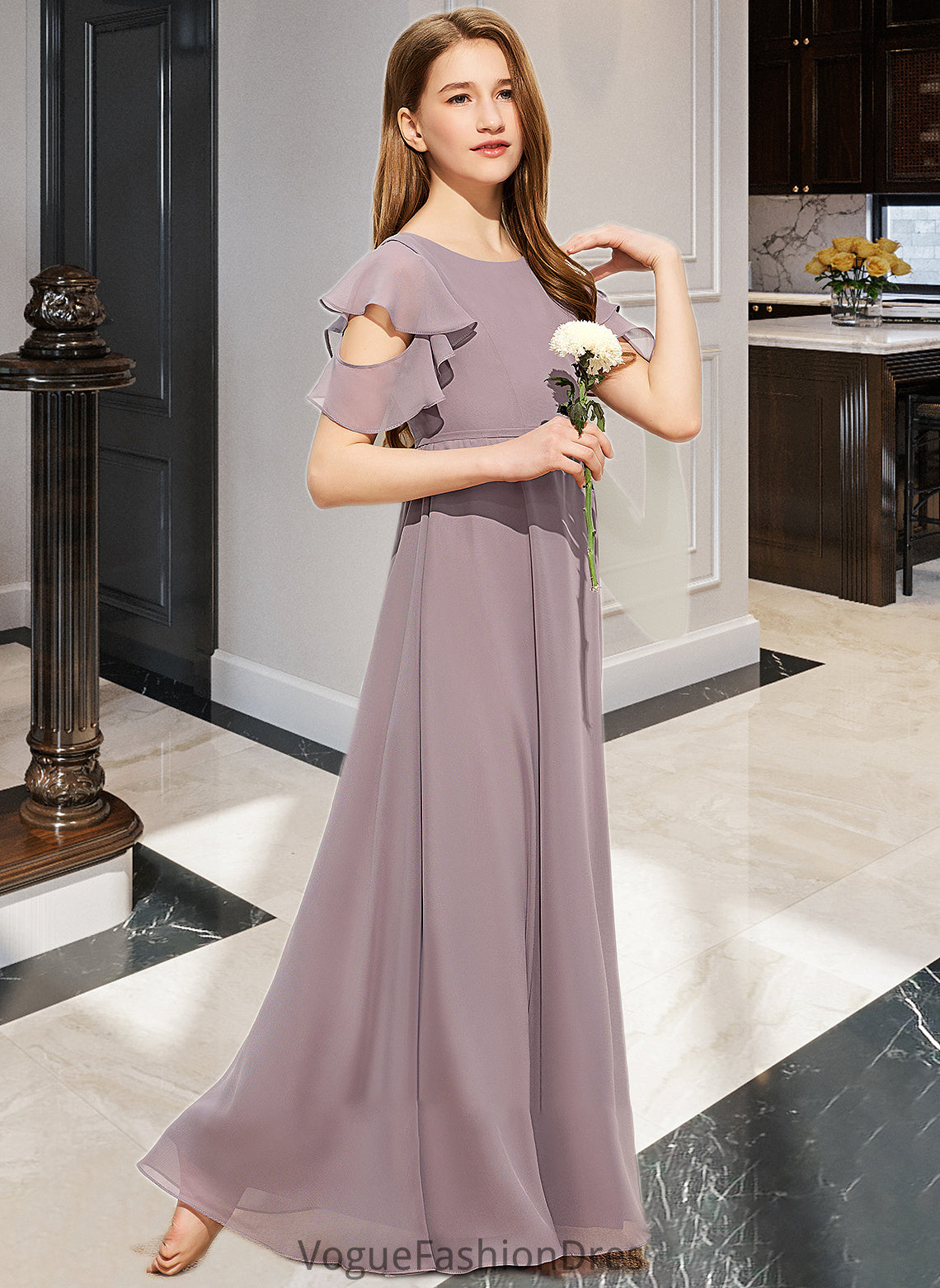 Sherlyn A-Line Scoop Neck Floor-Length Chiffon Junior Bridesmaid Dress With Cascading Ruffles DKP0013649