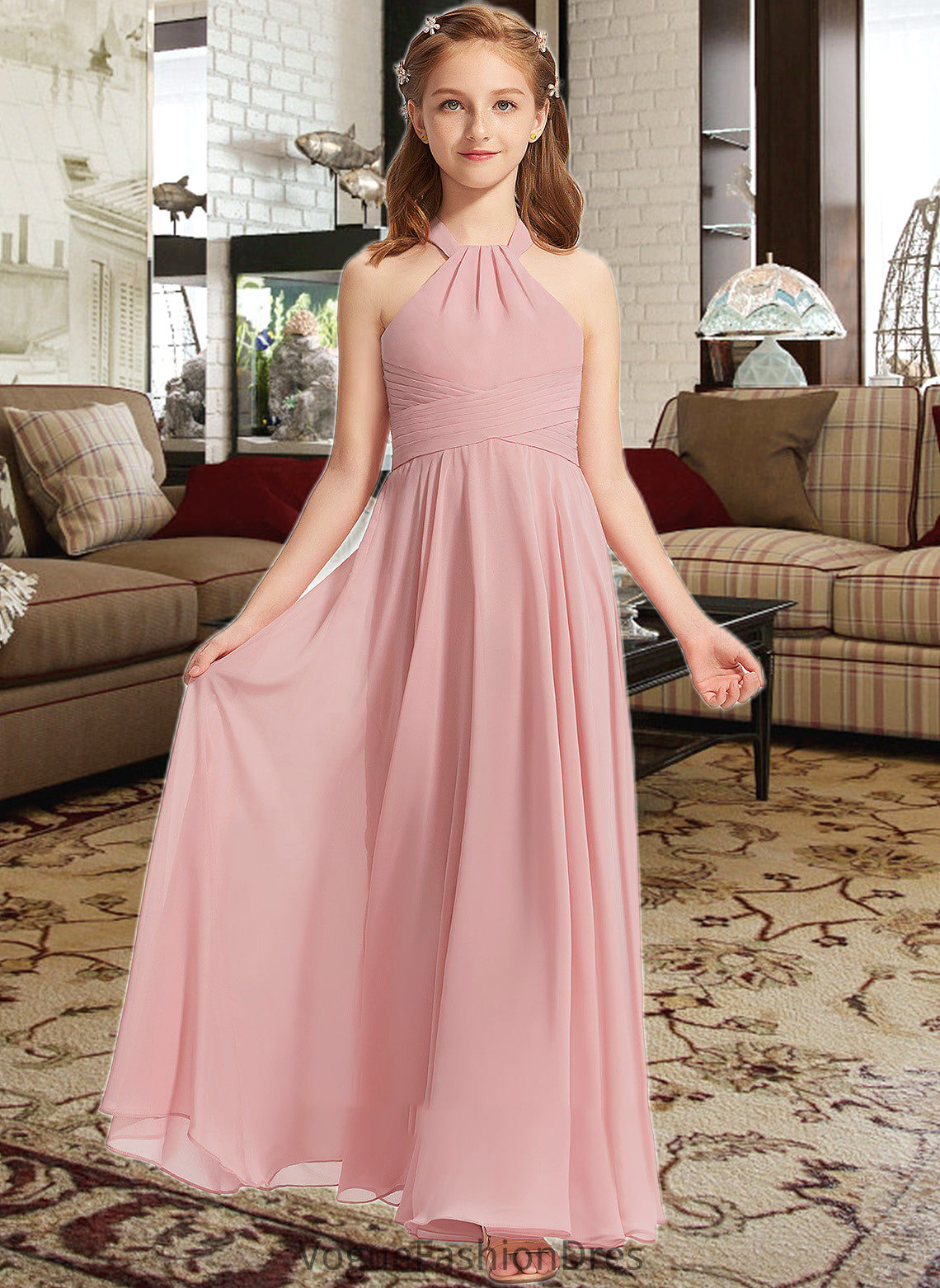 Leticia A-Line Square Neckline Floor-Length Chiffon Junior Bridesmaid Dress With Ruffle DKP0013651