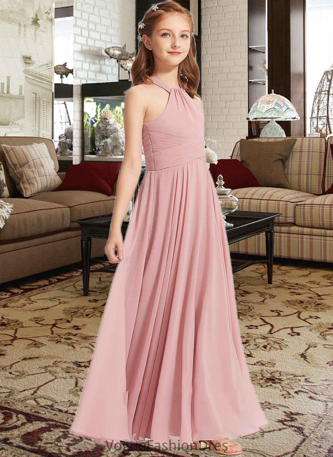 Leticia A-Line Square Neckline Floor-Length Chiffon Junior Bridesmaid Dress With Ruffle DKP0013651