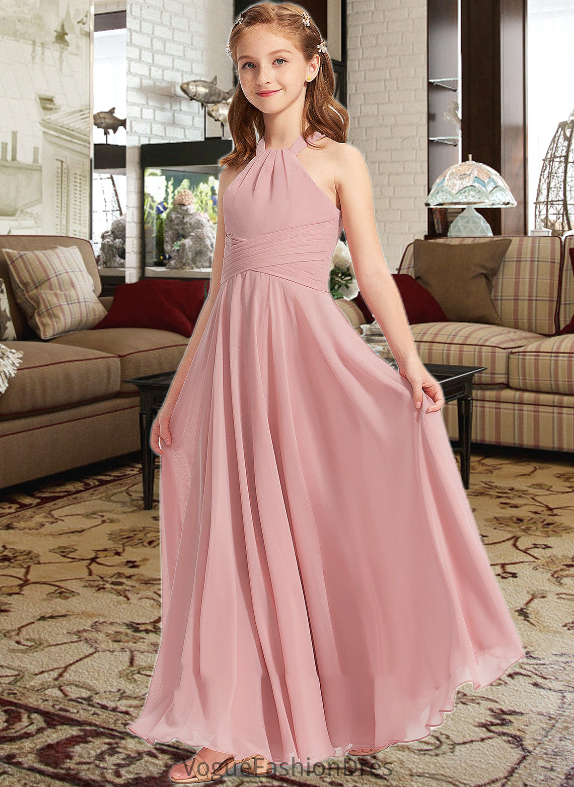 Leticia A-Line Square Neckline Floor-Length Chiffon Junior Bridesmaid Dress With Ruffle DKP0013651