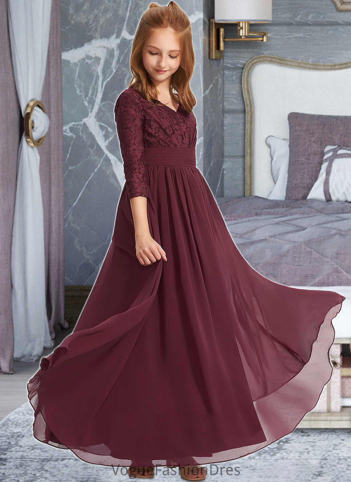 Mckenna A-Line V-neck Floor-Length Chiffon Lace Junior Bridesmaid Dress DKP0013652