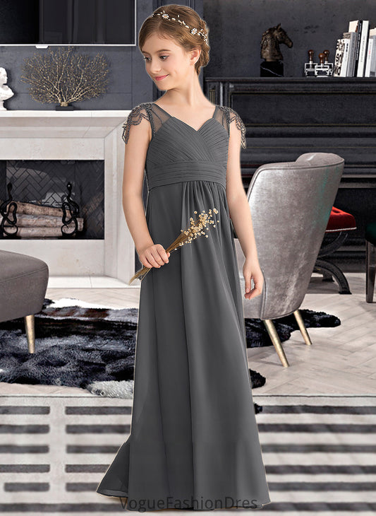 Renee A-Line V-neck Floor-Length Chiffon Junior Bridesmaid Dress With Ruffle Beading DKP0013653