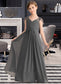 Renee A-Line V-neck Floor-Length Chiffon Junior Bridesmaid Dress With Ruffle Beading DKP0013653