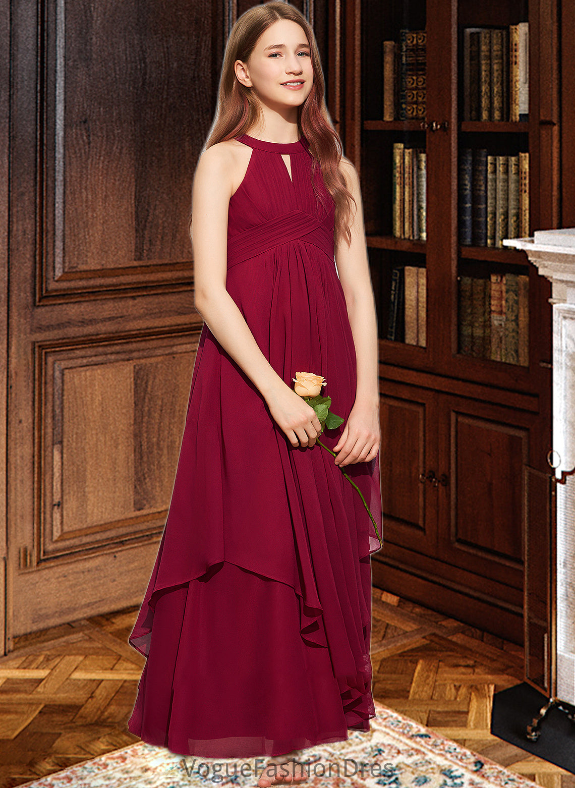 Myah A-Line Scoop Neck Floor-Length Chiffon Junior Bridesmaid Dress With Ruffle DKP0013654