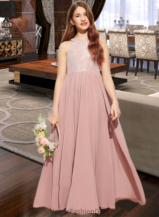 Rhoda A-Line Scoop Neck Floor-Length Chiffon Lace Junior Bridesmaid Dress With Sequins DKP0013655