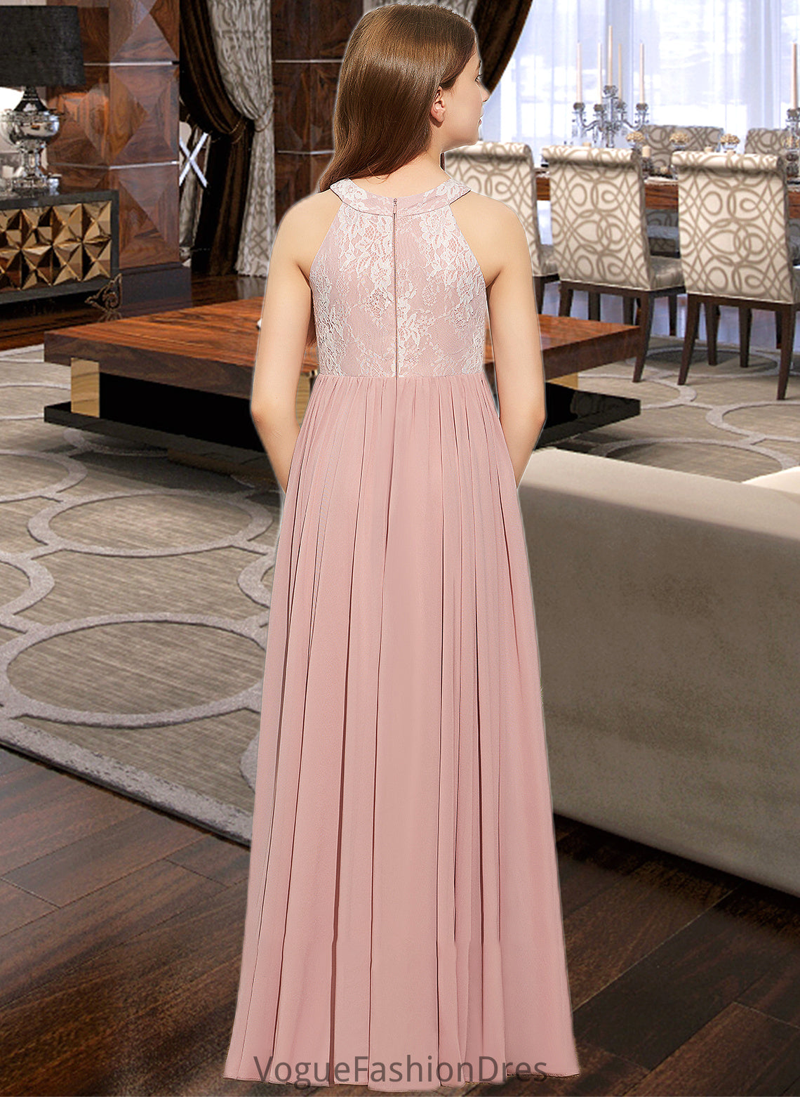 Rhoda A-Line Scoop Neck Floor-Length Chiffon Lace Junior Bridesmaid Dress With Sequins DKP0013655