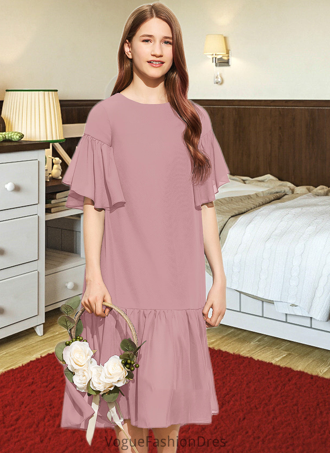 Bethany A-Line Scoop Neck Knee-Length Chiffon Junior Bridesmaid Dress With Cascading Ruffles DKP0013656