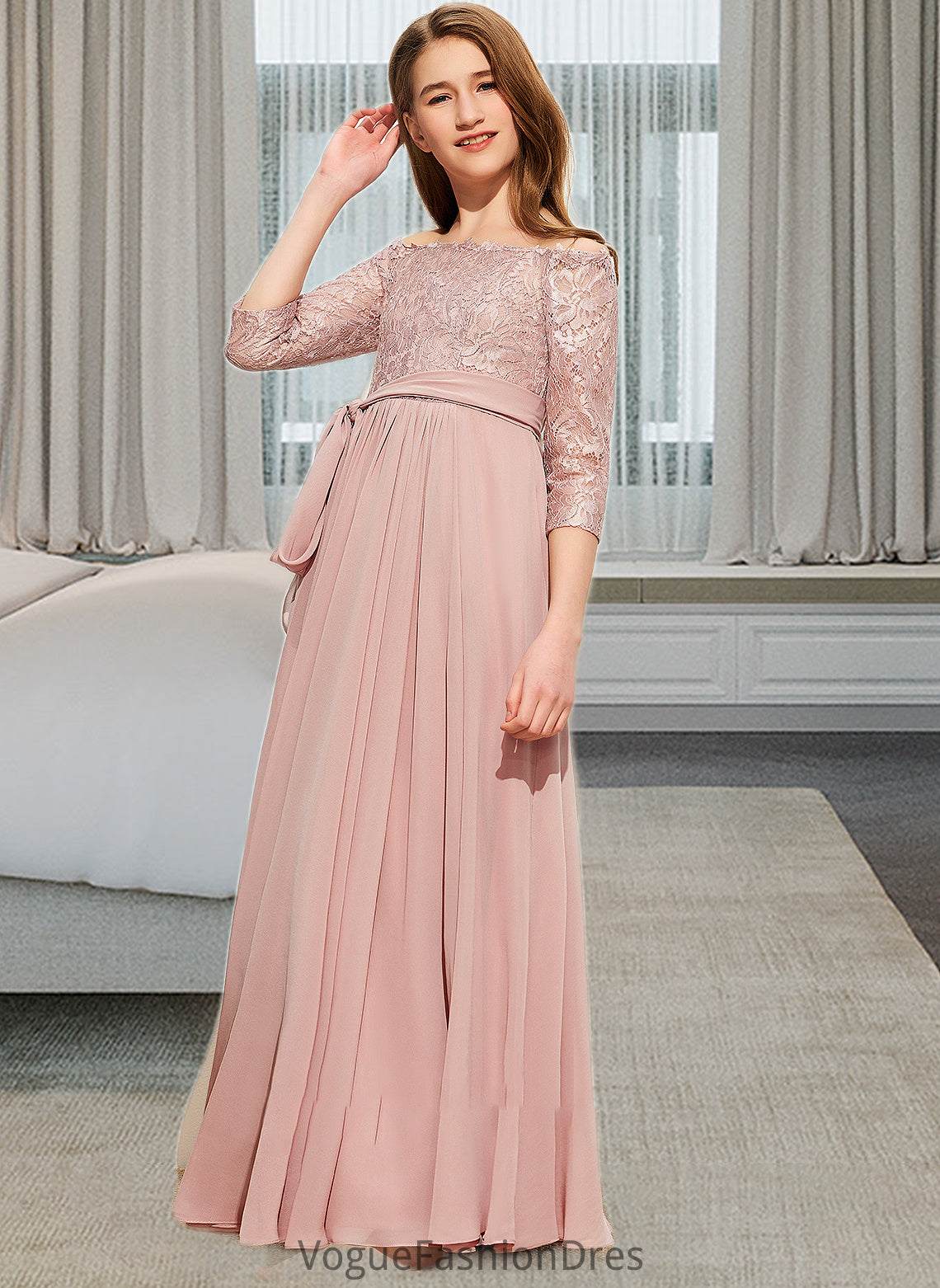 Louise A-Line Off-the-Shoulder Floor-Length Chiffon Lace Junior Bridesmaid Dress With Bow(s) DKP0013658