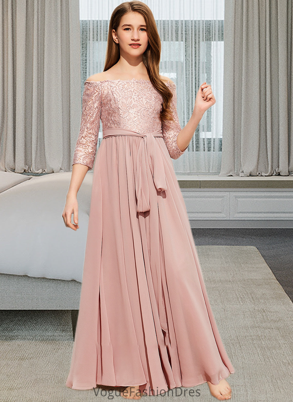 Louise A-Line Off-the-Shoulder Floor-Length Chiffon Lace Junior Bridesmaid Dress With Bow(s) DKP0013658