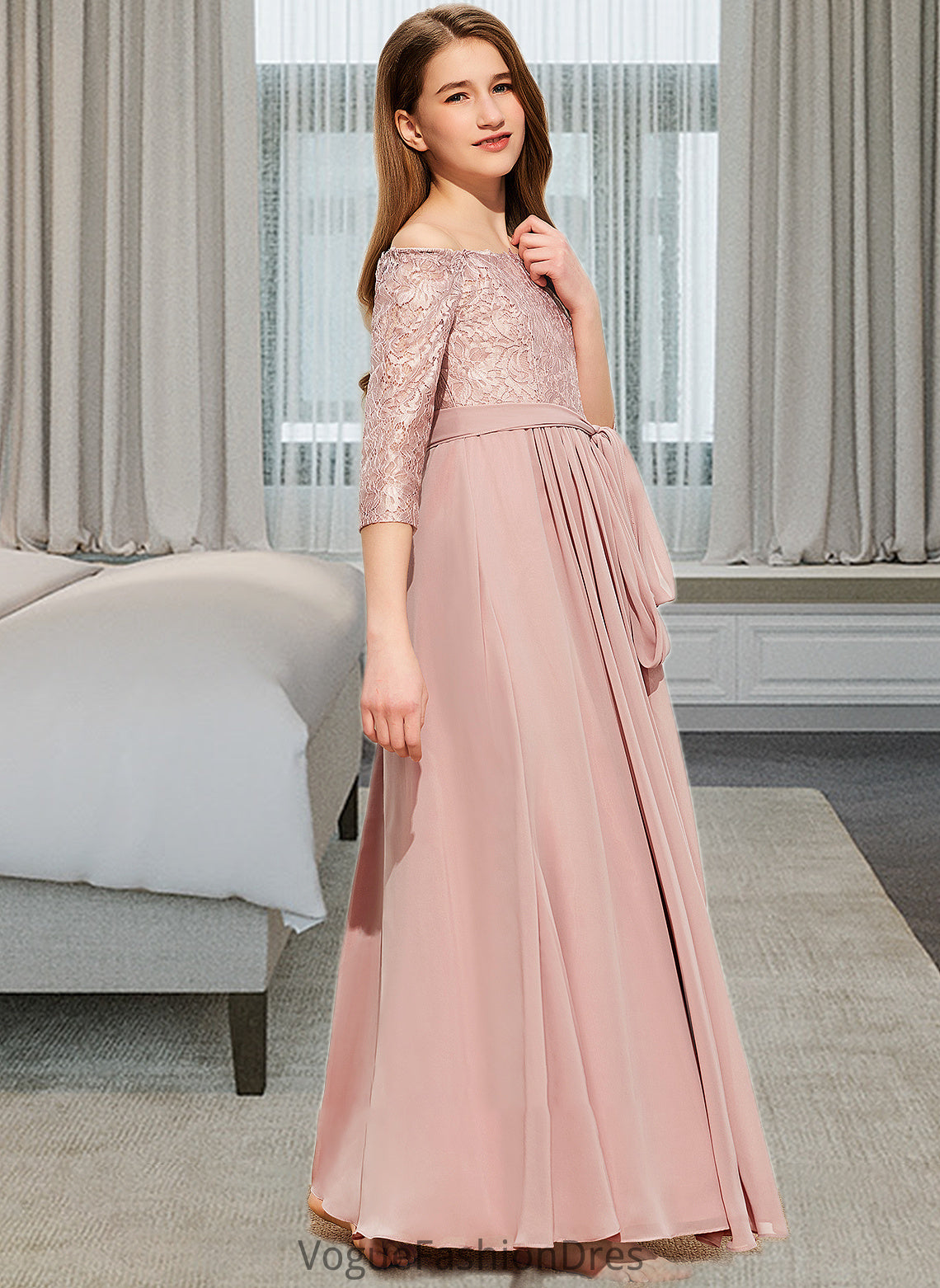 Louise A-Line Off-the-Shoulder Floor-Length Chiffon Lace Junior Bridesmaid Dress With Bow(s) DKP0013658