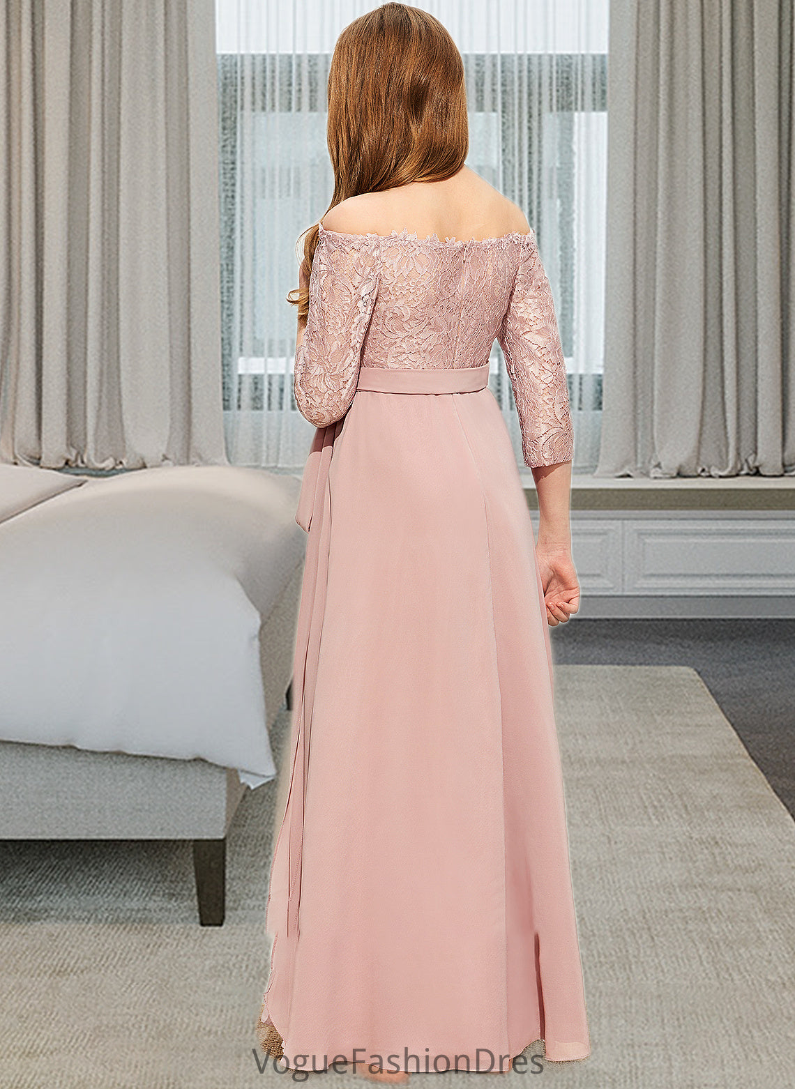 Louise A-Line Off-the-Shoulder Floor-Length Chiffon Lace Junior Bridesmaid Dress With Bow(s) DKP0013658