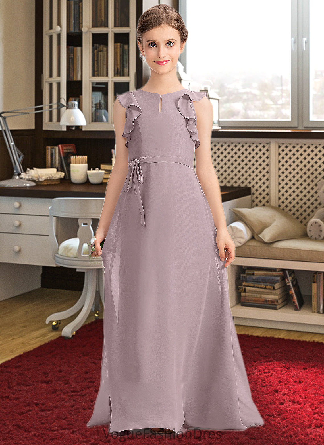 Jocelyn A-Line Scoop Neck Floor-Length Chiffon Junior Bridesmaid Dress With Bow(s) Cascading Ruffles DKP0013659