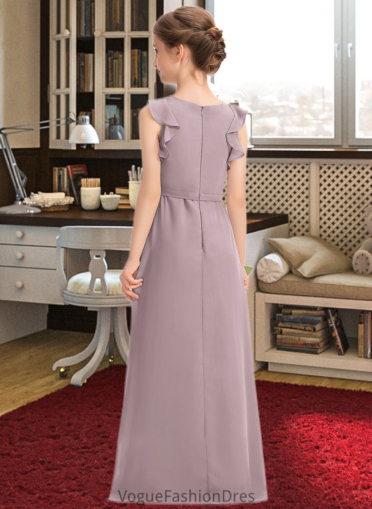 Jocelyn A-Line Scoop Neck Floor-Length Chiffon Junior Bridesmaid Dress With Bow(s) Cascading Ruffles DKP0013659