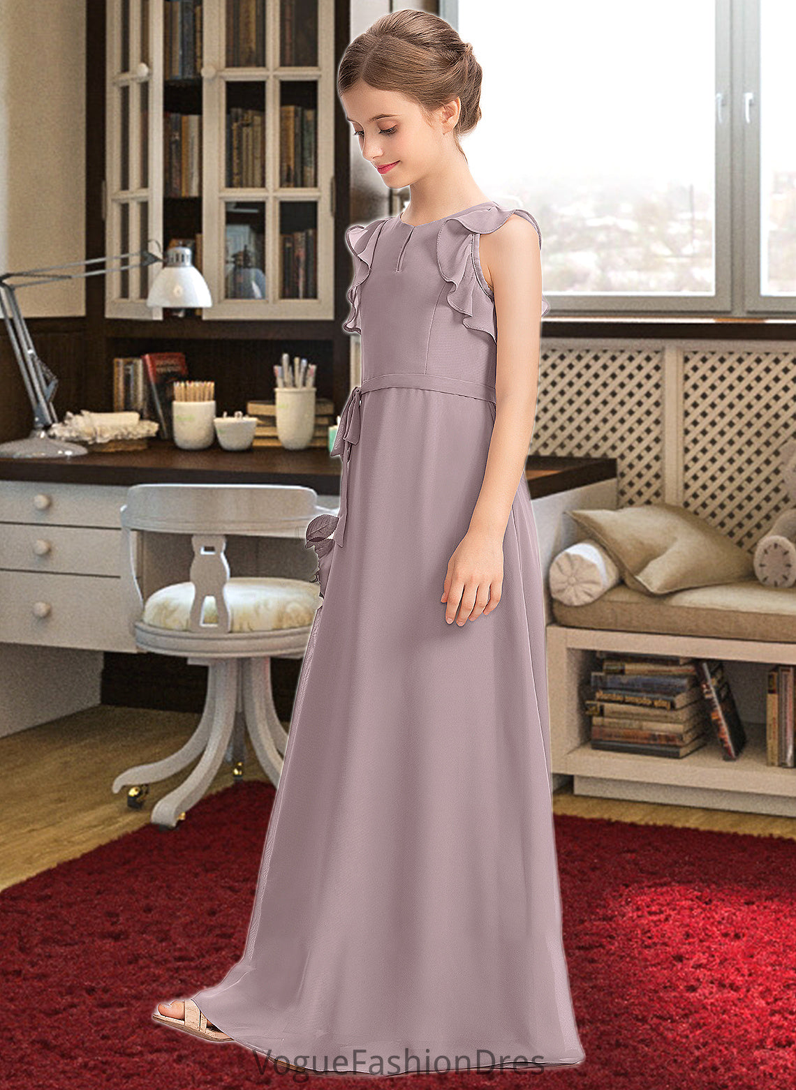 Jocelyn A-Line Scoop Neck Floor-Length Chiffon Junior Bridesmaid Dress With Bow(s) Cascading Ruffles DKP0013659