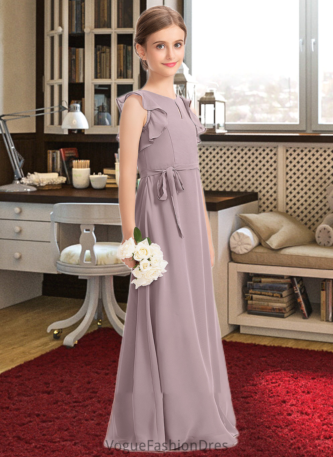 Jocelyn A-Line Scoop Neck Floor-Length Chiffon Junior Bridesmaid Dress With Bow(s) Cascading Ruffles DKP0013659