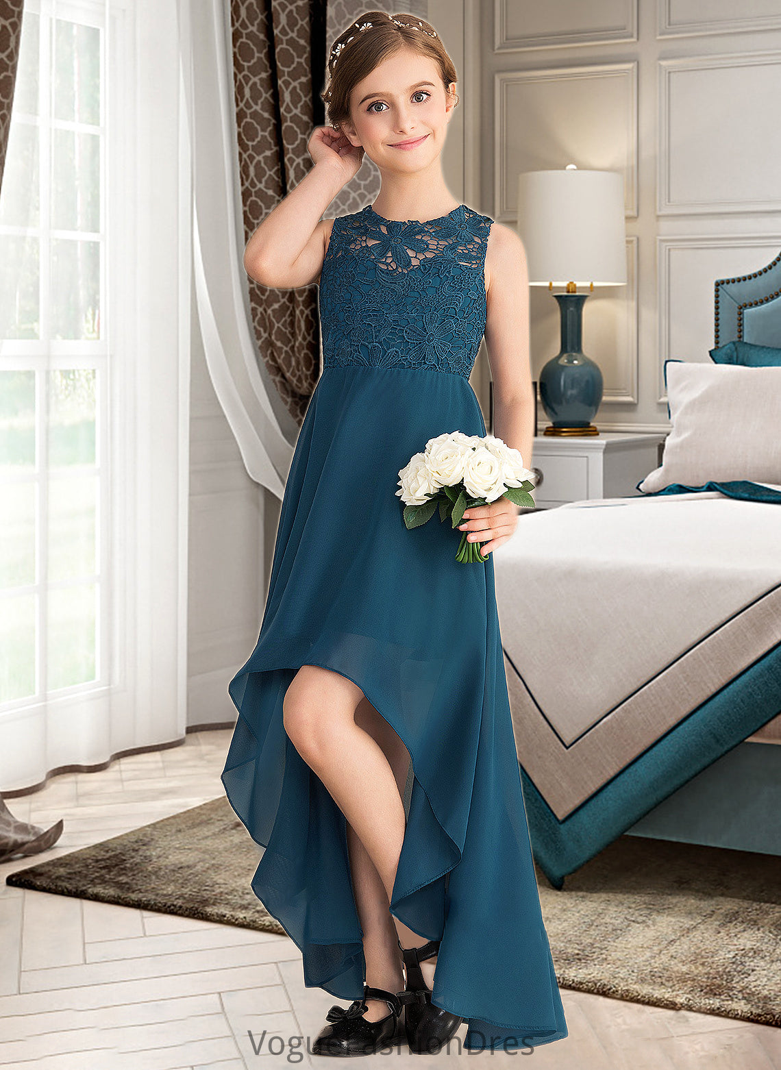 Urania A-Line Scoop Neck Asymmetrical Chiffon Lace Junior Bridesmaid Dress DKP0013661