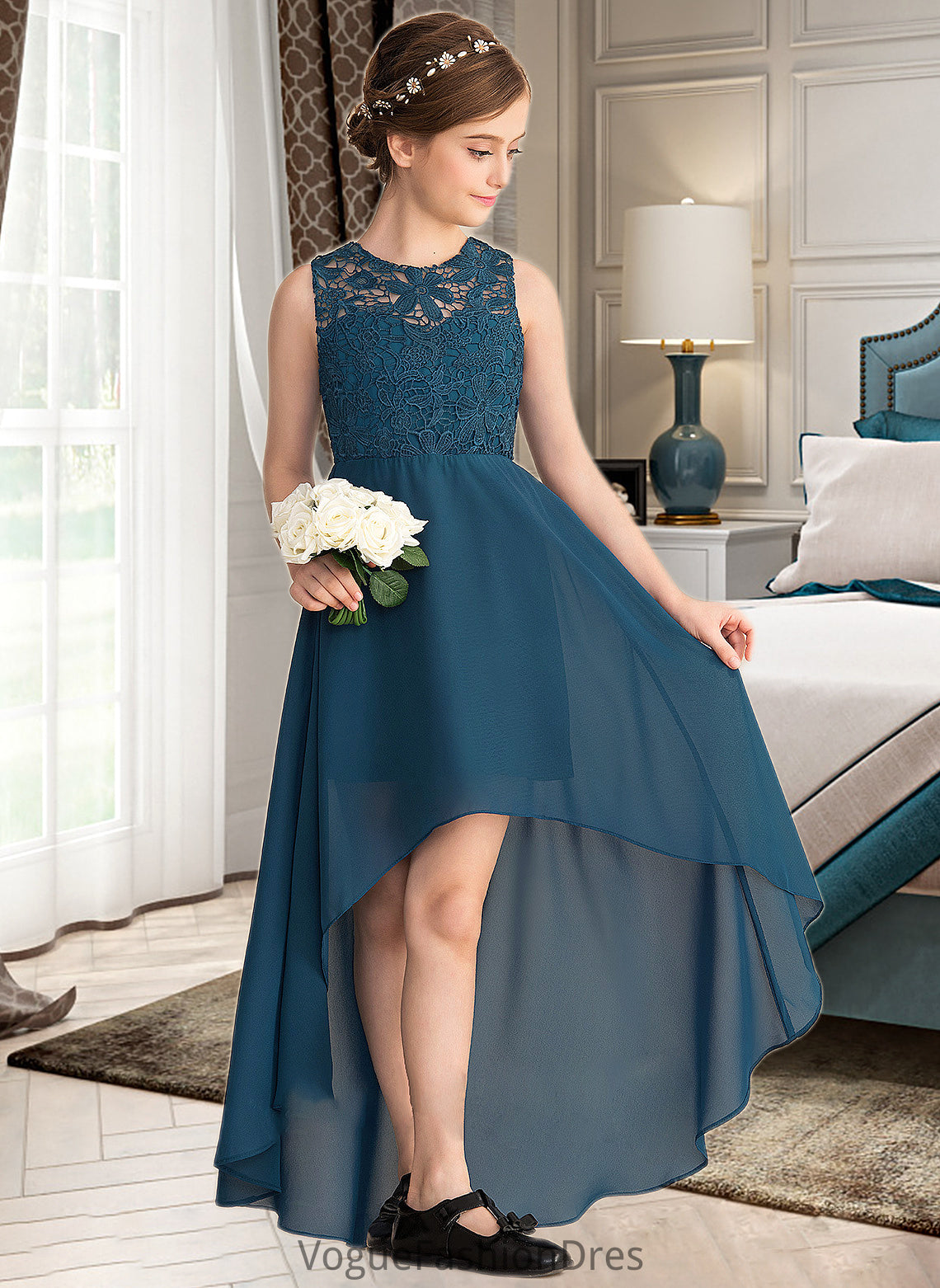 Urania A-Line Scoop Neck Asymmetrical Chiffon Lace Junior Bridesmaid Dress DKP0013661