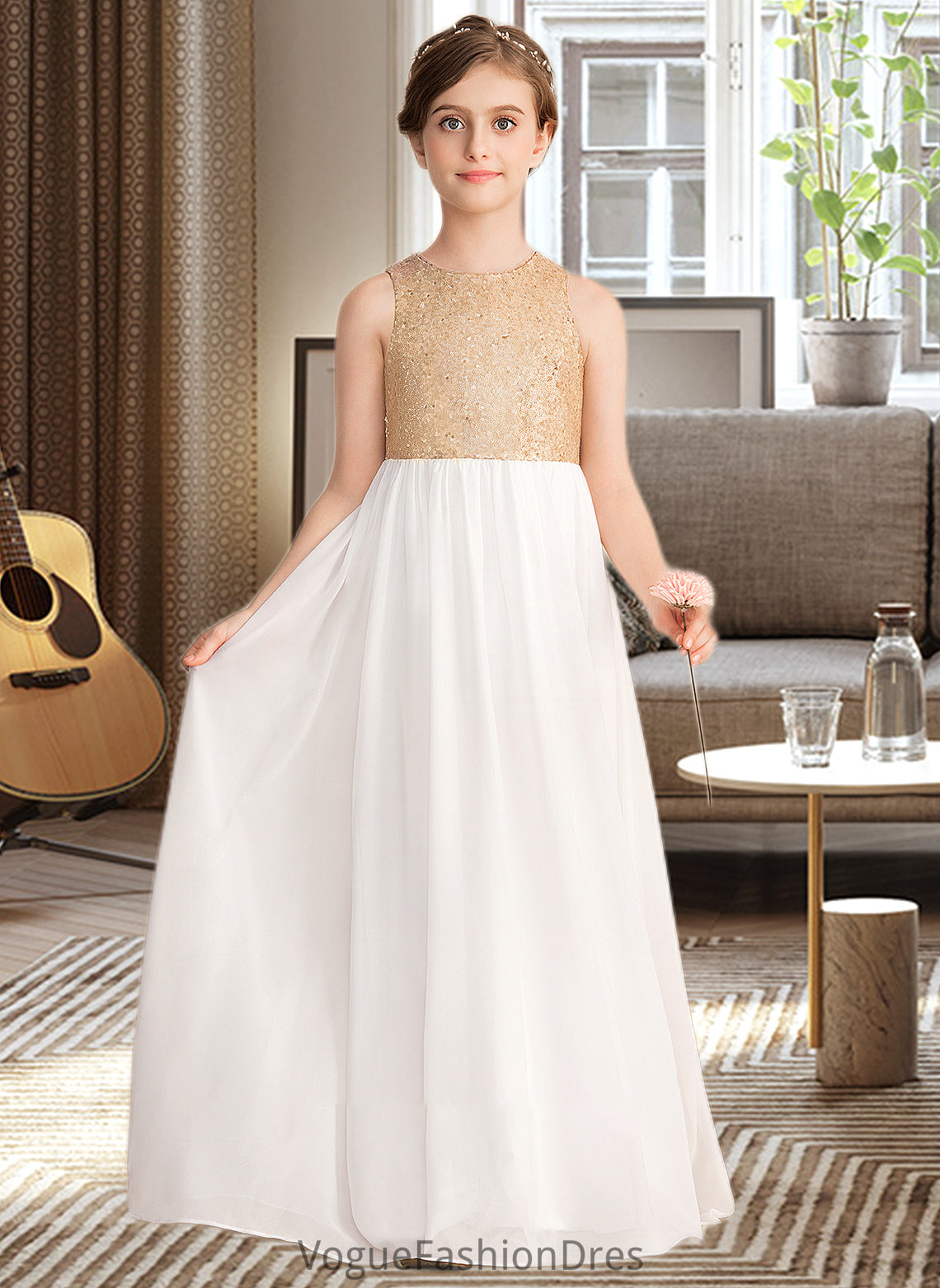 Annie A-Line Scoop Neck Floor-Length Chiffon Sequined Junior Bridesmaid Dress DKP0013662