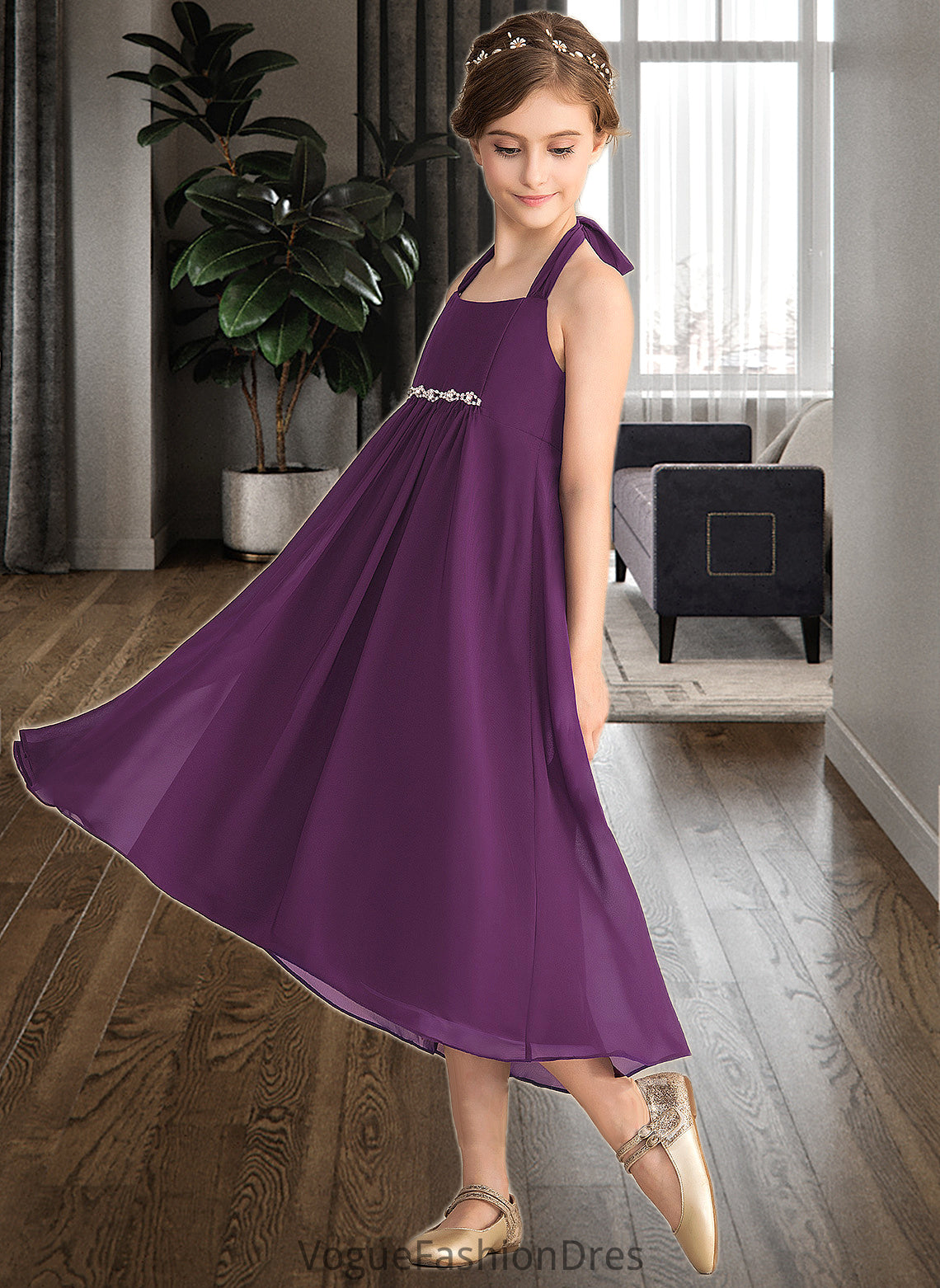 Nora Empire Halter Asymmetrical Chiffon Junior Bridesmaid Dress With Beading Bow(s) DKP0013663