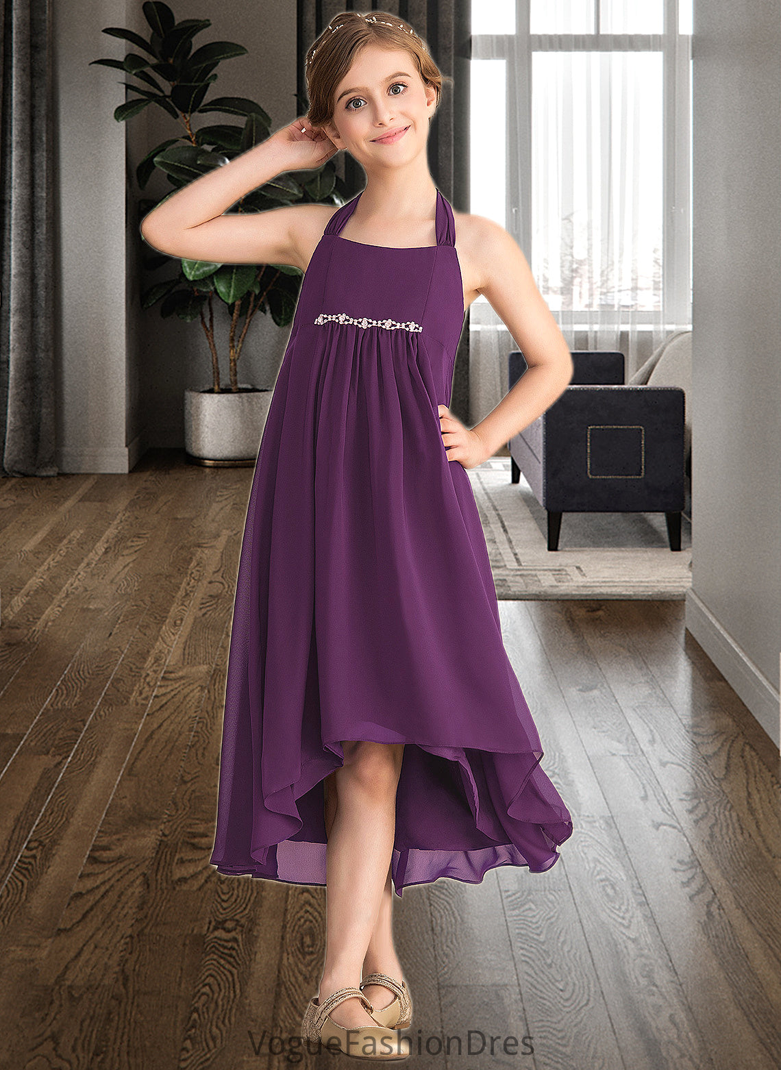 Nora Empire Halter Asymmetrical Chiffon Junior Bridesmaid Dress With Beading Bow(s) DKP0013663