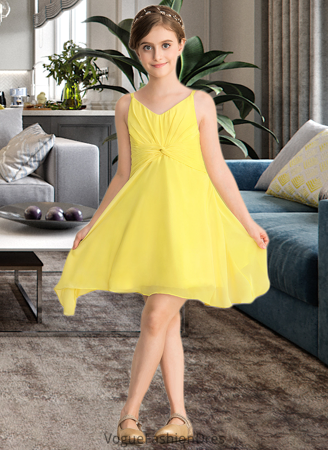 Zoie A-Line V-neck Knee-Length Chiffon Junior Bridesmaid Dress With Ruffle DKP0013664