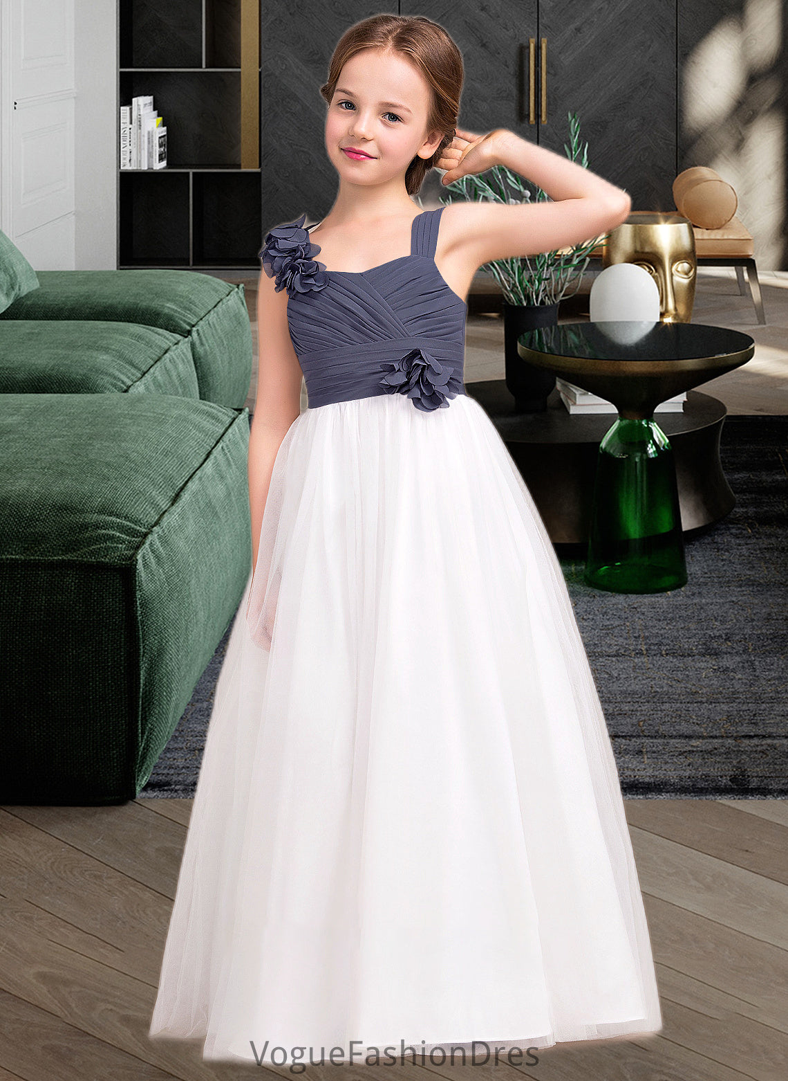 Mariah A-Line Sweetheart Floor-Length Chiffon Tulle Junior Bridesmaid Dress With Ruffle Flower(s) DKP0013665