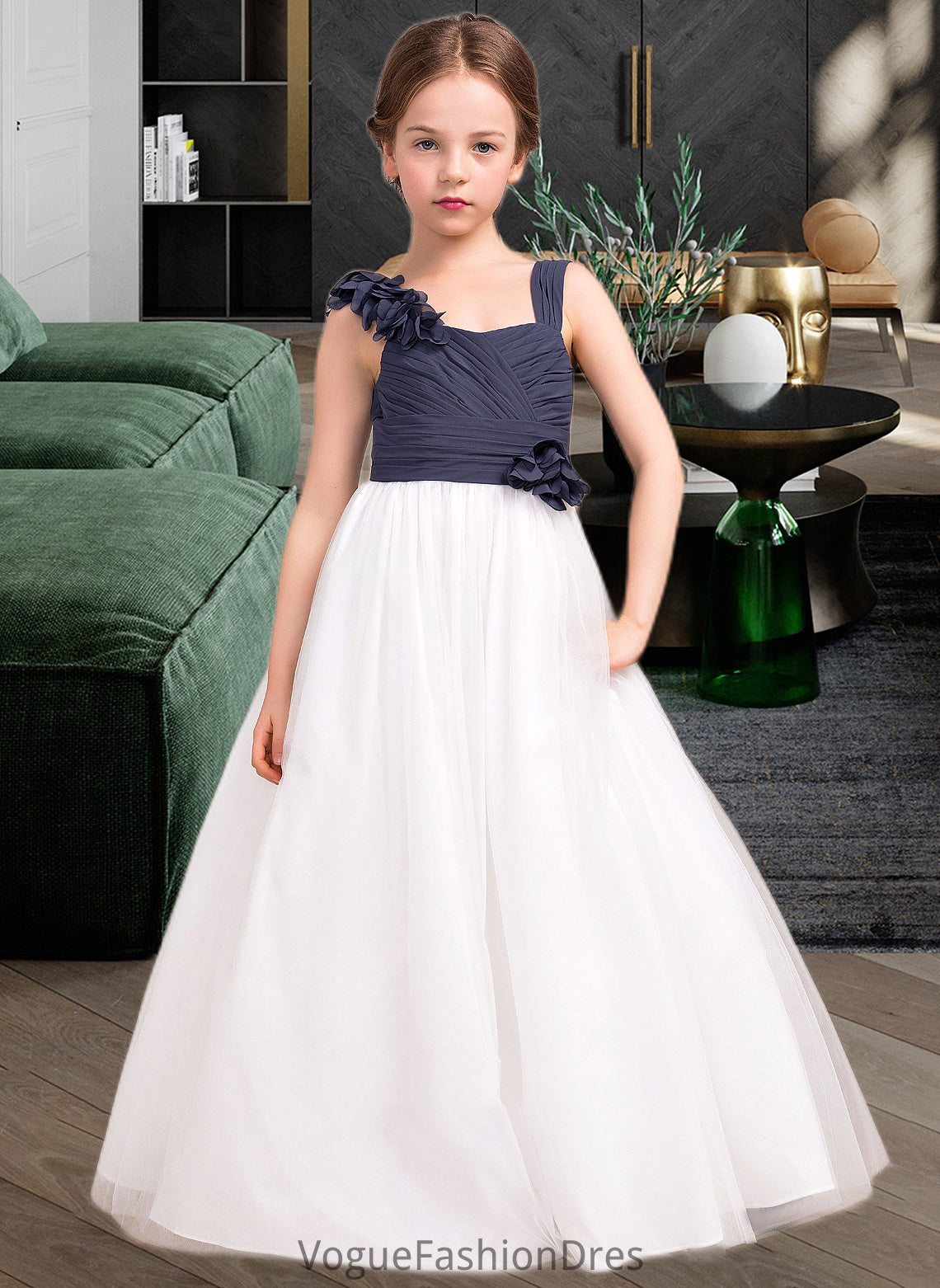 Mariah A-Line Sweetheart Floor-Length Chiffon Tulle Junior Bridesmaid Dress With Ruffle Flower(s) DKP0013665