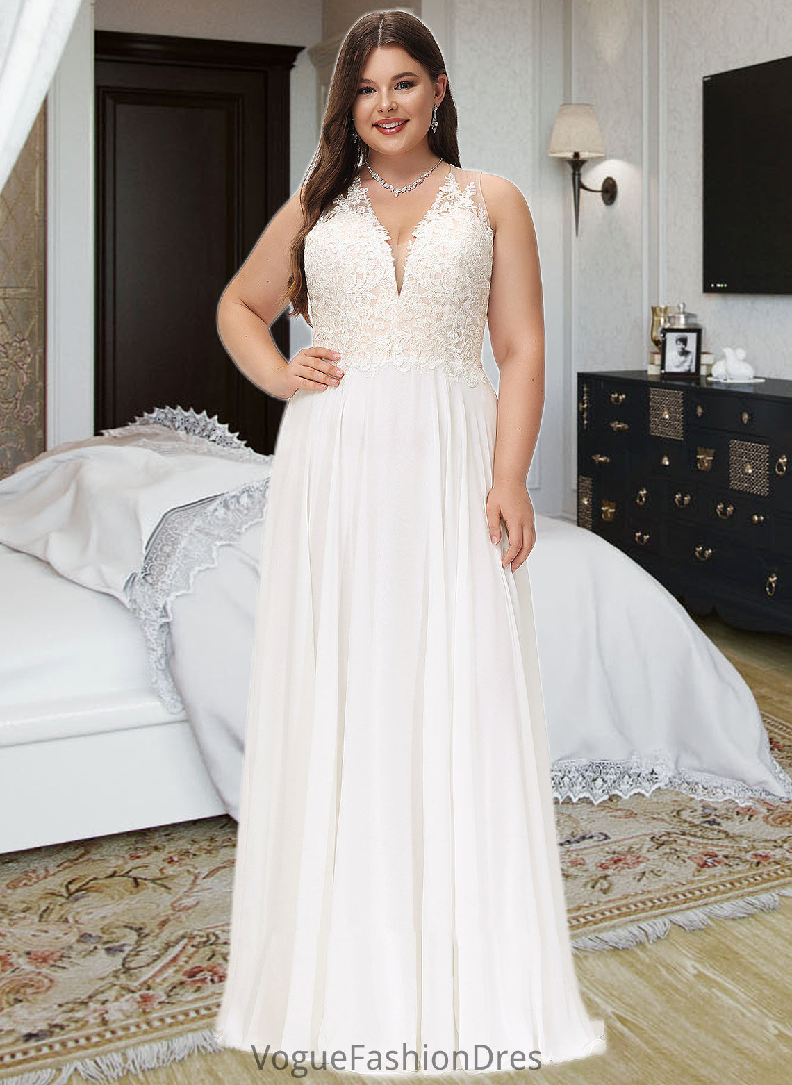 Desirae A-Line V-neck Sweep Train Chiffon Lace Wedding Dress With Lace DKP0013677