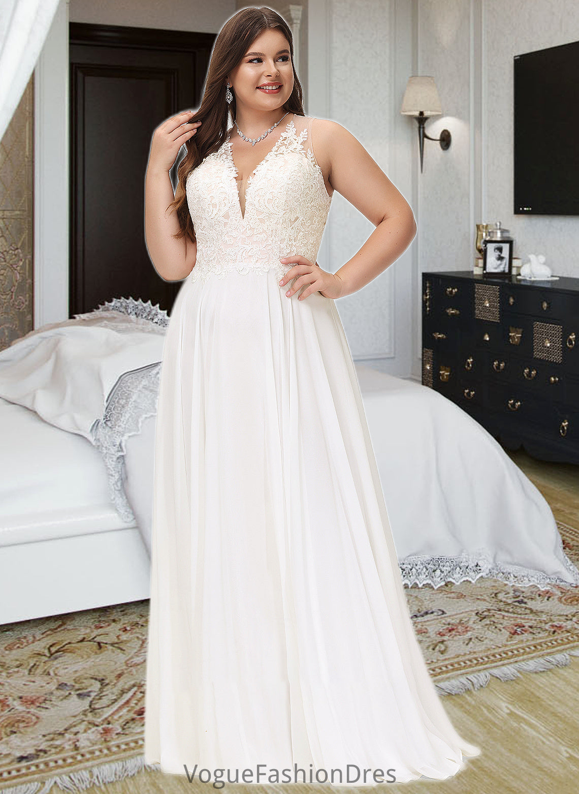 Desirae A-Line V-neck Sweep Train Chiffon Lace Wedding Dress With Lace DKP0013677