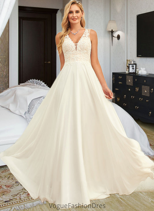 Desirae A-Line V-neck Sweep Train Chiffon Lace Wedding Dress With Lace DKP0013677