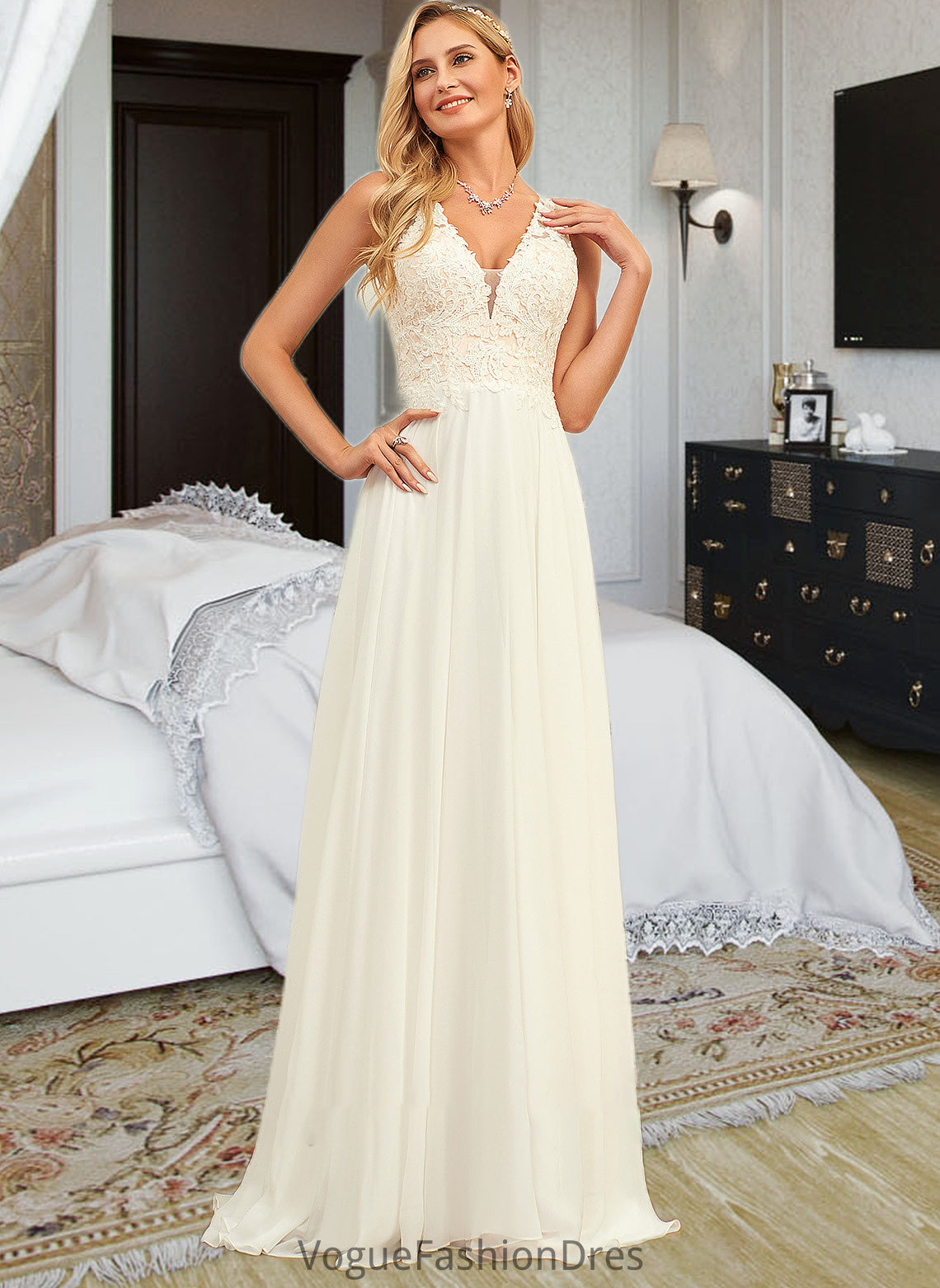 Desirae A-Line V-neck Sweep Train Chiffon Lace Wedding Dress With Lace DKP0013677