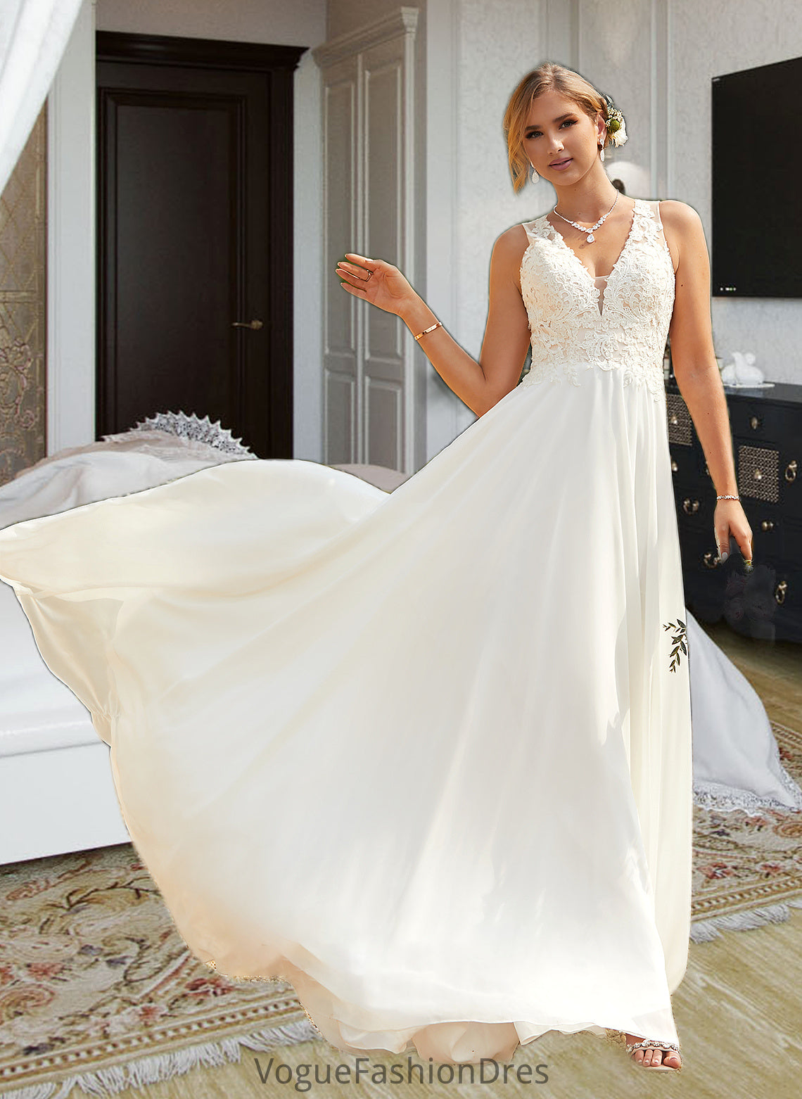 Desirae A-Line V-neck Sweep Train Chiffon Lace Wedding Dress With Lace DKP0013677