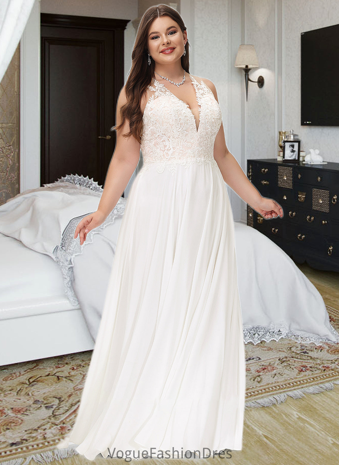 Desirae A-Line V-neck Sweep Train Chiffon Lace Wedding Dress With Lace DKP0013677