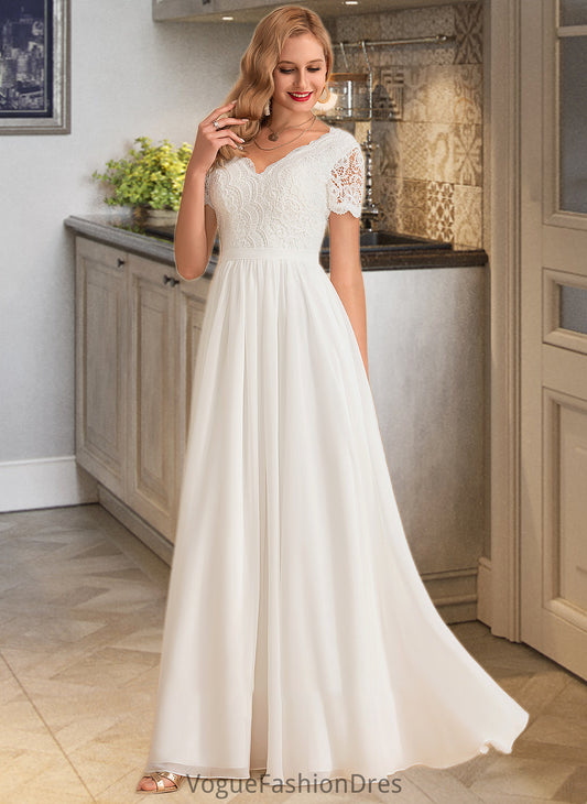 Lena A-Line V-neck Floor-Length Chiffon Lace Wedding Dress DKP0013678