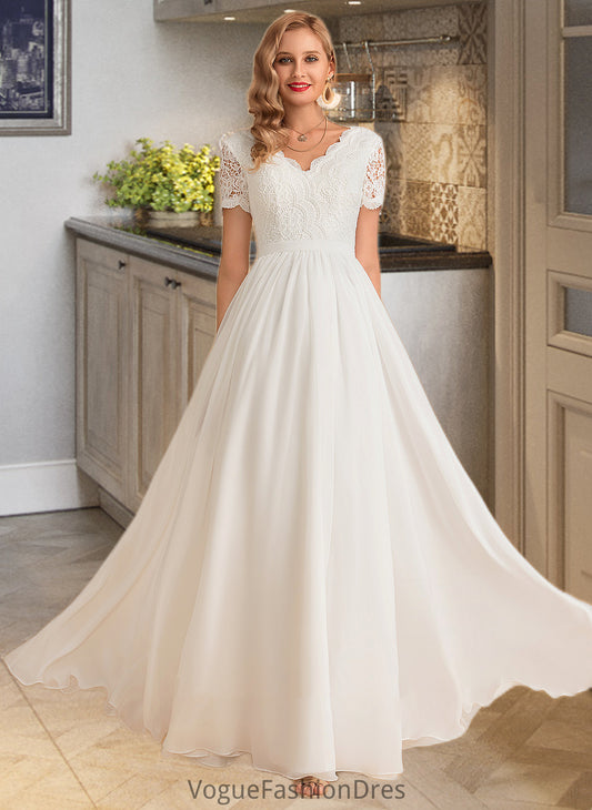 Lena A-Line V-neck Floor-Length Chiffon Lace Wedding Dress DKP0013678