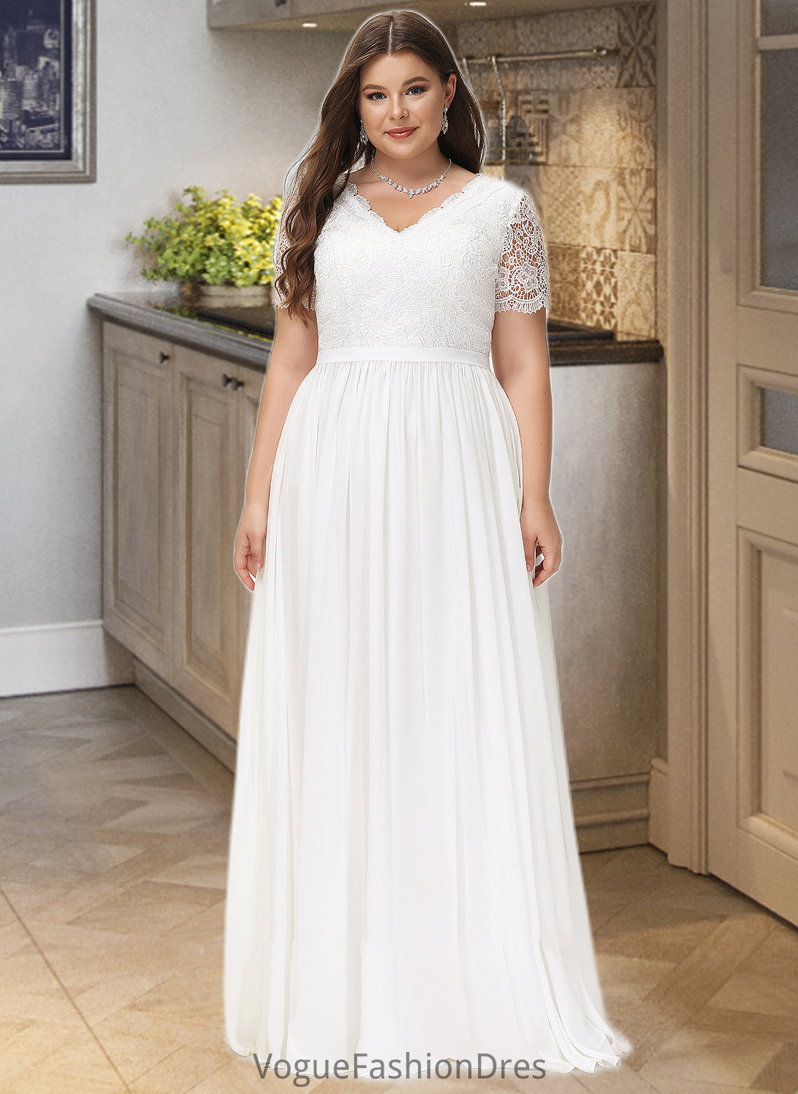 Lena A-Line V-neck Floor-Length Chiffon Lace Wedding Dress DKP0013678