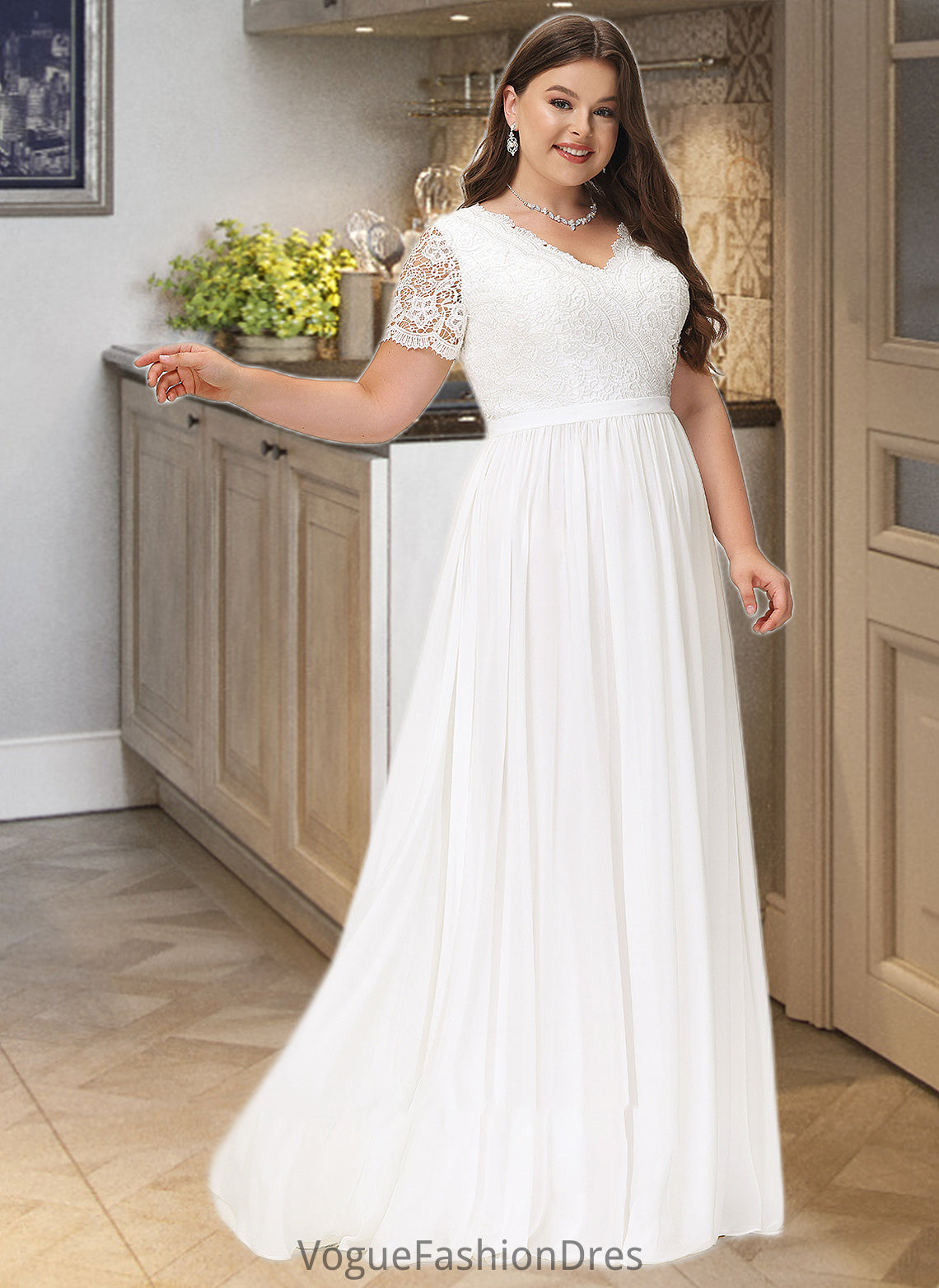 Lena A-Line V-neck Floor-Length Chiffon Lace Wedding Dress DKP0013678