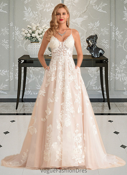 Shayla Ball-Gown/Princess V-neck Court Train Tulle Lace Wedding Dress With Beading Pockets DKP0013679