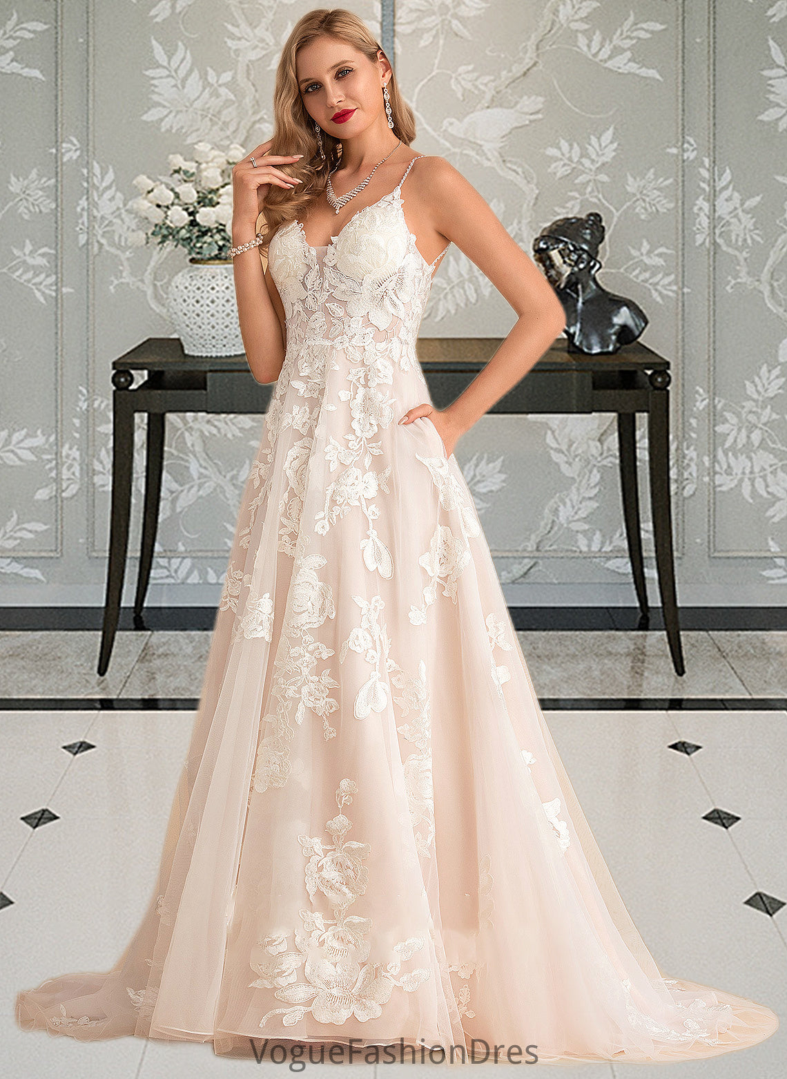 Shayla Ball-Gown/Princess V-neck Court Train Tulle Lace Wedding Dress With Beading Pockets DKP0013679