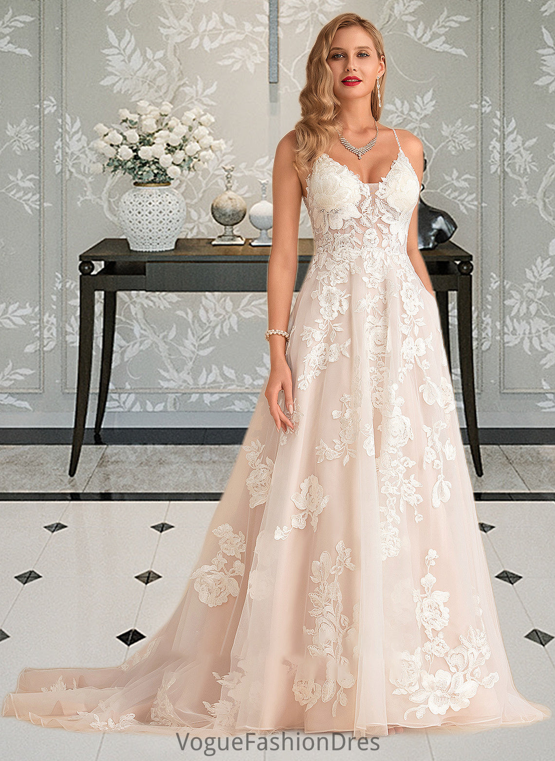 Shayla Ball-Gown/Princess V-neck Court Train Tulle Lace Wedding Dress With Beading Pockets DKP0013679